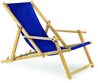 BAS Holz Sonnenliege Strandliege Liegestuhl aus Holz 3 Stufen Klappbare Gartenliege mit Armauflagen blau