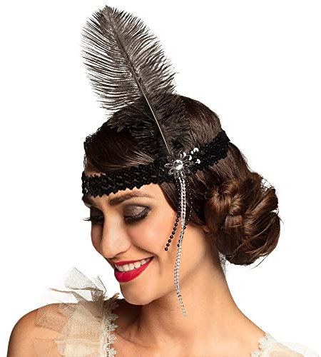 Boland 00620 - Stirnband Flapper, schwarz, Pailletten, Gummiband, Feder, weiße Perlen, Charleston, 20er Jahre, Chique, Karneval, Halloween, Fasching, Mottoparty, Verkleidung, Theater