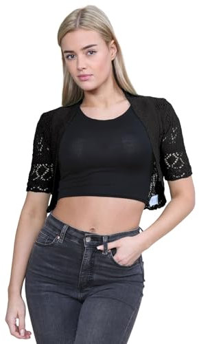 janisramone® Bolero Shrug for Women - Elegant Short Cap Sleeve Knitted Shrug, Open Crochet Cardigans for Women Perfect for Layering Over Tops & Dresses Black