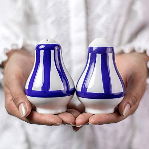 City to Cottage Ceramic Salt and Pepper Shakers Set, Salt Shaker, Salt and Pepper Set, Farmhouse Kitchen Counter Decor for Home Restaurants Wedding, Handcrafted Navy Blue Stripe Coastal Spice Shakers