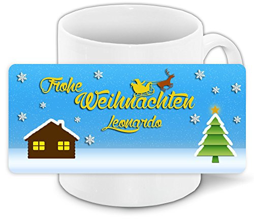 Weihnachtstasse mit Namen Leonardo und Motiv „Nr. 2“ mit Haus, Weihnachtsmann und Tannenbaum
