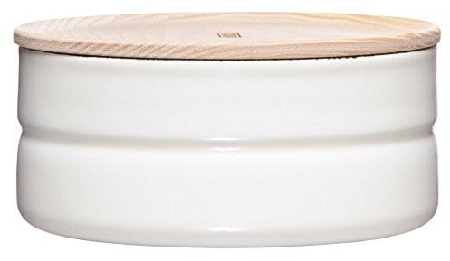 Riess, 2173-212, Vorratsdose mit Eschenholzdeckel, Durchmesser 13 cm, Höhe 6 cm, Inhalt 615 ml, PURE WHITE, KITCHEN-MANAGEMENT, Truehomeware, Emaille
