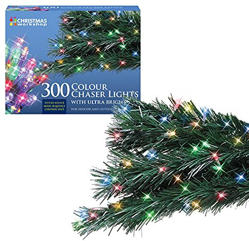 The Christmas Workshop 77670 300 Multi-Coloured LED Chaser Christmas Lights/Indoor or Outdoor Fairy Lights / 20.9 Metres / 8 Light Modes/Great for Christmas, Weddings & Gardens