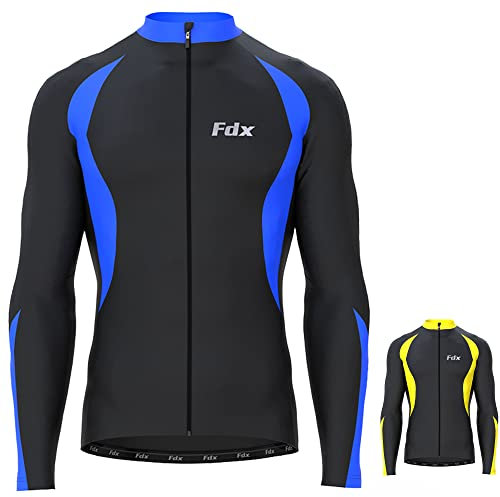 FDX Men’s Thermal Cycling Jersey, Water Resistant, Lightweight, Super Roubaix Fabric, Windproof Winter Cycle Top, Full Zipper, Long Sleeve Bicycle Riding Shirt, Running, Bike (Black/Blue, X-Large)