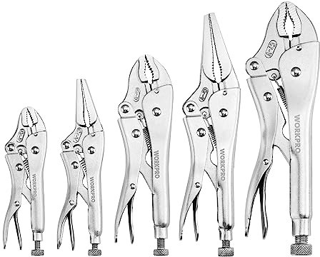 WORKPRO Set 5 di Pinze di Bloccaggio, Pinza Autobloccante con Funzione di Sgancio Rapido, 2 Pinza a Becchi Lunghi, 3 Pinza a Ganascia Curva, per Serrare e Fissare Piccole Parti