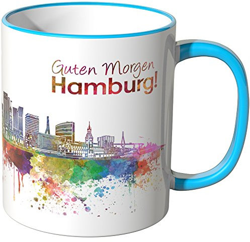 WANDKINGS® Tasse, Schriftzug Guten Morgen Hamburg! mit Skyline - BLAU