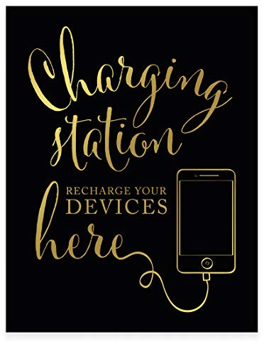 Andaz Press Wedding Party Signs, Black and Metallic Gold Ink, 8.5x11-inch, Charging Station Snap Chat, Instagram and Tweet Away, Recharge Your Phone Here Sign, 1-Pack, Unframed