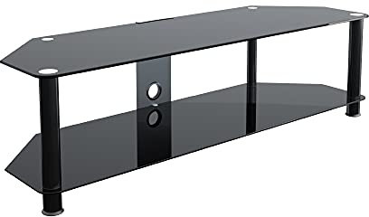 MAHARA Glass Corner TV Stand – Universal Black Glass TV Unit 140cm wide with Glass Shelf and Cable Management – TV Floor Stand Suitable for up to 65” TVs and Max Weight 60kg