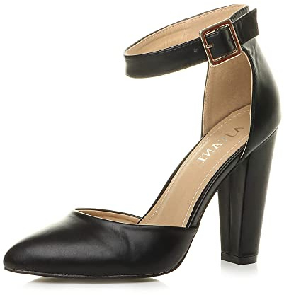 Womens Ladies high Block Heel Ankle Strap Pointed Court Shoes, Black Matte, 5 UK