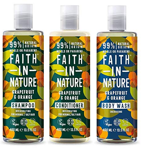 Faith In Nature Grapefruit and Orange Shampoo, Conditioner and Body Wash Trio | Vegan | Cruelty Free | 99% Natural Fragrance | Free From SLS or Parabens