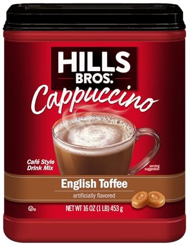 Hills Bros. Cappuccino Mix–Rich, Frothy Coffeehouse-Tasting Instant Drink Mix–Quick and Easy Preparation–Perfect for Hot & Iced Drinks & Creaming Coffee – English Toffee, 1 Pack of 16oz