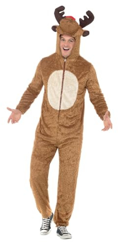 Smiffys Reindeer Costume, Brown with Hooded Jumpsuit, Christmas Adult Fancy Dress, Animal Dress Up Costumes
