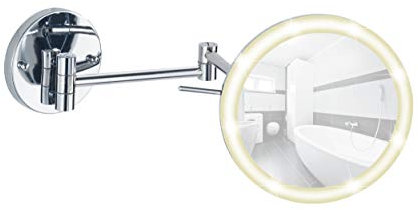 WENKO Power-Loc LED Wandspiegel Aura - mit hochwertigem Acrylrahmen, Befestigen ohne bohren, Spiegelfläche ø 16.5 cm 500 Prozent Vergrößerung, Stahl, 20 x 24 x 10-40 cm, chrom, Silber, Klein (Weniger als 30 cm)