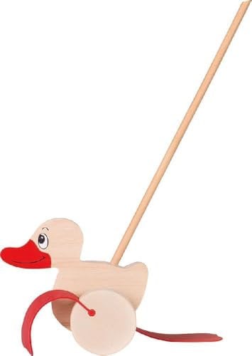 goki 54939 Schiebetier Ente aus massivem Holz, Gesamtlänge 66 cm inkl. Schiebestab – mit Gummifüßen und lustigem Watschelgang, ab 1 Jahr