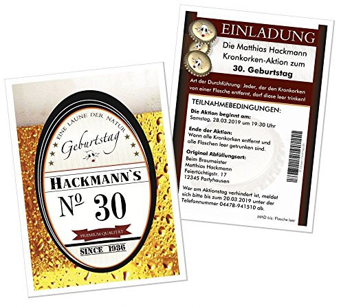 Unser-Festtag Einladungen für Geburtstage Männer Frauen Bier Kronkorken lustig - JEDES Alter möglich - 10 Karten, zweiseitig