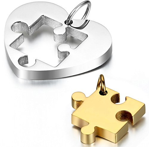 JewelryWe Schmuck 2 Freundschaftsketten Einfache Herz Puzzle Edelstahl Partner-Anhänger mit 45cm und 54cm Kette, Halskette für Damen & Herren, Gold Silber