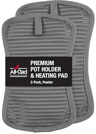 All-Clad Premium Pot Holder & Heating Pad, (2-Pack) Heat Resistant to 500 Degrees, 100% Cotton 10x6.25 for Kitchen and Barbeque, Pewter