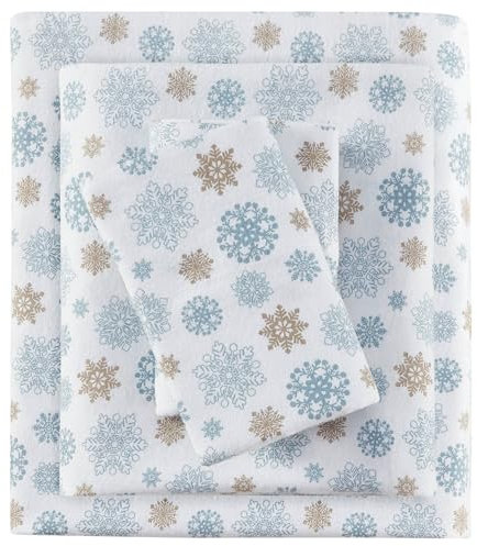Sleep Philosophy True North Cozy Flanell-Bettlaken, warm, 100% Baumwolle, mit Tieren, Sternen, niedlich, ultraweich, kaltes Wetter, Queensize-Bettwäsche, Hellbraun/Blaue Schneeflocken, 4-teilig