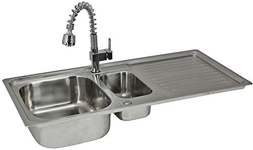 Fregadero de Cocina 1 Seno+Escurridor Sobre Encimera en Acero Inoxidable 105x50cm con Grifo Padstow+Kit para Drenaje y Fontanería GRATIS Lavaplatos Pila Cocina 1 Seno+ Escurridor para Lavar Platos