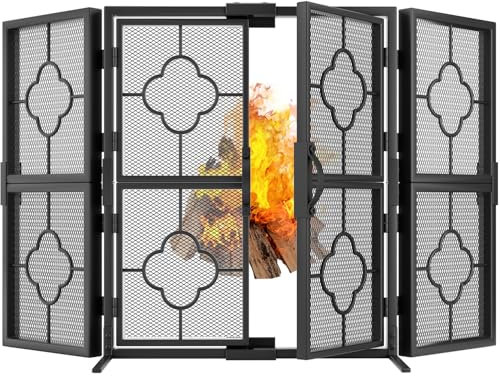 Amagabeli Funkenschutzgitter Funkenschutz Kaminschutzgitter für den Innenbereich 3-teilig Zinn Schmiedeeisen großer Netzabdeckung massives Blattdesign Kaminplatten