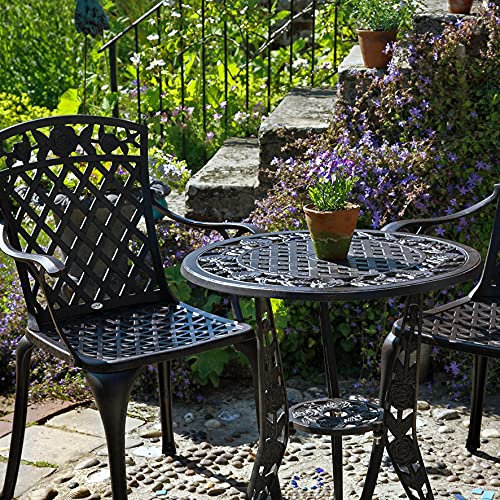 Lazy Susan | Rose-Bistro-Tisch aus Aluguss mit 2 Stühlen | Garten-Set | Antik-Bronze | Wetterfest | 3 Jahre Garantie | (Emma Stühle, Beige Kissen)