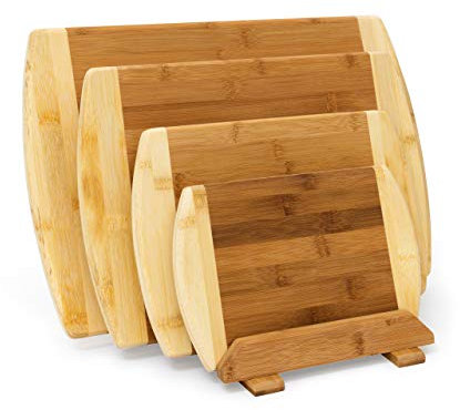 Relaxdays Schneidebrett aus Bambus 4-er Set mit Ständer Küchenbretter in verschiedenen Größen 2-farbiges Holz beidseitig nutzbar und messerschonend als Frühstücksbrettchen und Servierbrett Holz, natur