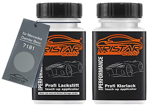 TRISTARcolor Pennarello ritocco per Mercedes 7181 Atlasgrau Metallic +1K | per Mercedes / Daimler Benz, Atlas Grey Metallic, Vernice per auto, Kit vernice di base + trasparente, 50ml cad.