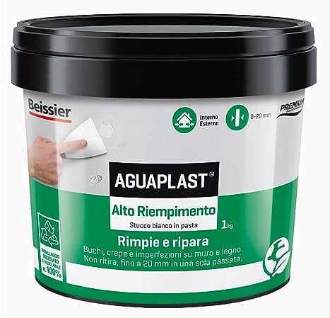 Aguaplast Alto relleno, masilla de pasta para rellenar y alisar en pared y madera, reforzado con fibras - 1 kg