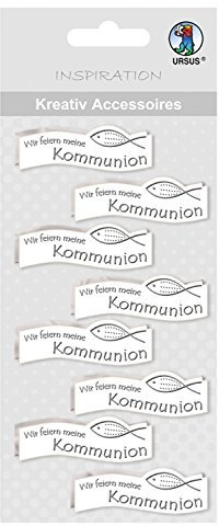 Ursus 564000327 - Kreativ Accessoires, Fisch Wir feiern Kommunion, silber, 8 Stück, selbstklebend, aus verschiedenen hochwertigen Materialien, zum Dekorieren von Karten und Geschenke
