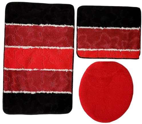 Ilkadim Orion Badgarnitur 3 TLG. Set 50x80 cm Mehrfarbig gestreift, WC Vorleger ohne Ausschnitt für Hänge-WC (schwarz rot Creme)
