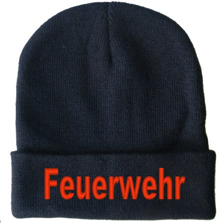Wolfszeit Strickmütze Bestickt mit Feuerwehr (Blau)