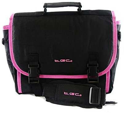 New TGC ® Messenger Style TGC Padded Carry Case Bag for the Sylvania SDVD1049 10 Portable DVD Player (Jet Black & Hot Pink)