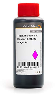 Octopus Nachfülltinte (kein OEM) kompatibel für Epson 18 (C13T18024010, C13T18124010), 24 (C13T24224010) und 26 (C13T26024010) Patronen magenta 250ml für Epson Expression Home XP-102 , Home XP-202 , Home XP-205 , Home XP-305 , Home XP-405 , Home XP-302 , Home XP-402 , Home XP-30 , Photo XP 850 , Photo XP 750 , Premium XP-605 , Premium XP-700 , Premium XP-800 , Premium XP-600 , non-OEM