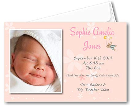 40 Personalised Baby Thank You Cards, Baby Announcement Cards - Girl
