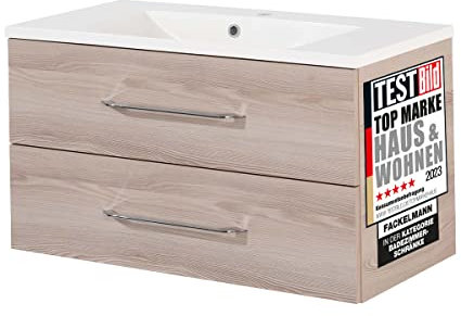 FACKELMANN Waschtischunterschrank inkl. Gussbecken B.CLEVER/Soft-Close-System/Maße (B x H x T): ca. 90 x 48,5 x 46 cm/Möbel fürs WC oder Badezimmer/Schrank: Braun hell/Becken: Weiß