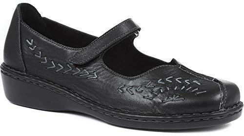 Pavers Ladies Leather Wide Fit Touch Fasten Mary Jane in Black - Stylish Daytime Wear with Unique Cut-Out Detail - Adjustable Fastening - UK 7 / EU 40