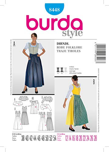 Burda Schnittmuster B8448 Folklore Kleid, 19 x 13 cm, 38-54
