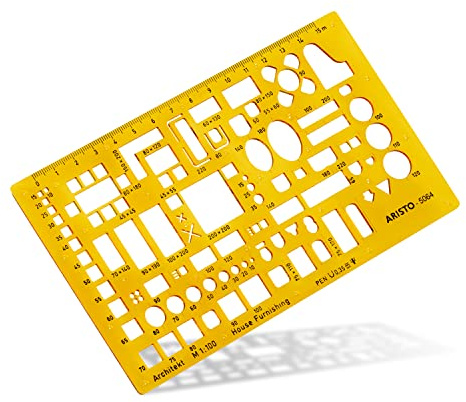 Aristo AR5064 Möblierungsschablone Architekt (1:100, Darstellung von Einrichtungsplänen, Tuschenoppen, formstabiler PET-Kunststoff) orange-transparent