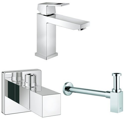 GROHE Eurocube Badarmatur, glatter Körper, mittelhoher Auslauf 23446000 + GROHE Eurocube Eckventil 22012000 + Grohe Geruchverschluss WT 40564000
