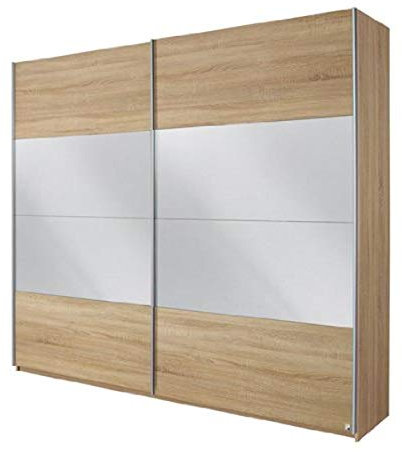 Rauch Möbel Quadra Kleiderschrank, Schwebetürenschrank, 2-türig, mit Spiegel, inkl. Zubehörpaket Basic 3 Einlegeböden 3 Kleiderstangen, Farbe Eiche Sonoma, BxHxT 226x210x62cm