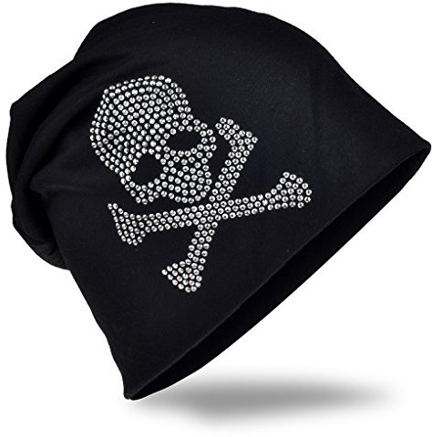 Jersey Slouch Beanie Long Mütze mit Totenkopf Strass Applikation Unisex Unifarbe Herren Damen Trend, Schwarz (mit Bone), Einheitsgröße