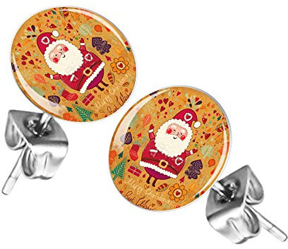 Mianova Ohrringe Stecker Rund Klein Ohrstecker Runde Platte Silber mit Winter Weihnachts Motiv Weihnachtsmann mit Best Wishes Merry Christmas