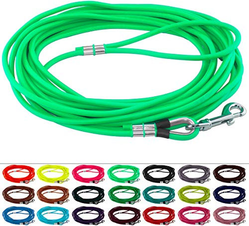 LENNIE Runde BioThane Schleppleine für Hunde von 15-25kg, Ø 6mm, 30m lang, mit Handschlaufe, Neon-Grün