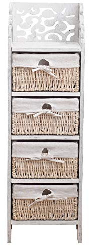 Rebecca Mobili Comodino 4 cassetti, cassettiera Legno Vimini, Bianco, Stile Shabby Vintage, arredo Camera Salotto Bagno - Misure: 98 x 29 x 22 cm (HxLxP) - Art. RE4295