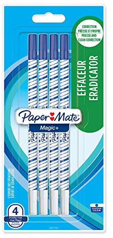 Paper Mate Magic+ Erasable Pen + Eradicator | Fine Point | Blue | 4 Count