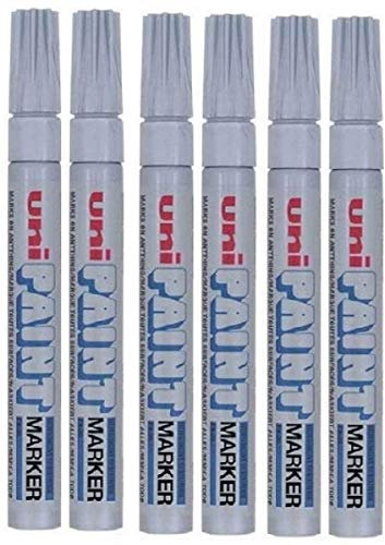 Uni Colour Medium (2.2-2.8mm) PX-20 Silver Oil Paint Marker Pen Metal Glass Wood Plastic Stone Outdoor mm Metal Bullet Nib Tip (Pack Of 6)