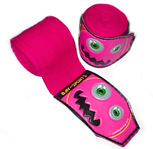BAY® monster face 3D KIDS JUNIOR basic 2,5 Boxbandagen SPEZIELL FÜR KINDER PINK ROSA + WICKELANLEITUNG, elastisch und etwas dünner, 2,5 Meter x 5 cm, Box-Bandagen, Paar Tapes Faustbandagen Handbandagen für Boxhandschuhe Boxen Kickboxen Kampfsport MMA Muay Thai Thaiboxen Relief Carbon Look