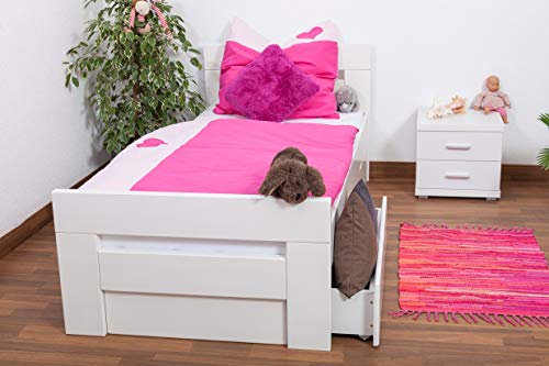 Kinderbett/JugendbettEasy Premium Line K2 inkl. 2 Schubladen und 2 Abdeckblenden, 90 x 200 cm Buche Vollholz massiv weiß lackiert