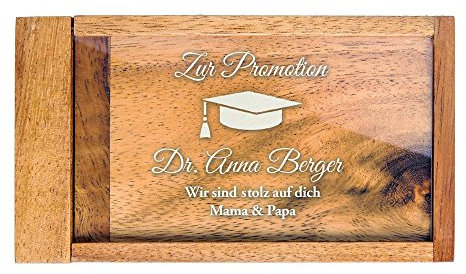 Casa Vivente Magische Geldgeschenkbox mit Gravur zur Promotion, Motiv Hut, Personalisiert mit Namen, Knobelspiel, Verpackung für Geldgeschenke