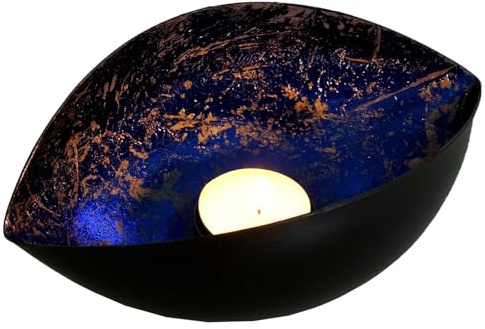 Metall Teelicht Windlicht, dekorativ, matt schwarz, metallisch blau | Individuelle Struktur, glänzende Innenfarbe, perfekt für stimmungsvolle Akzente.
